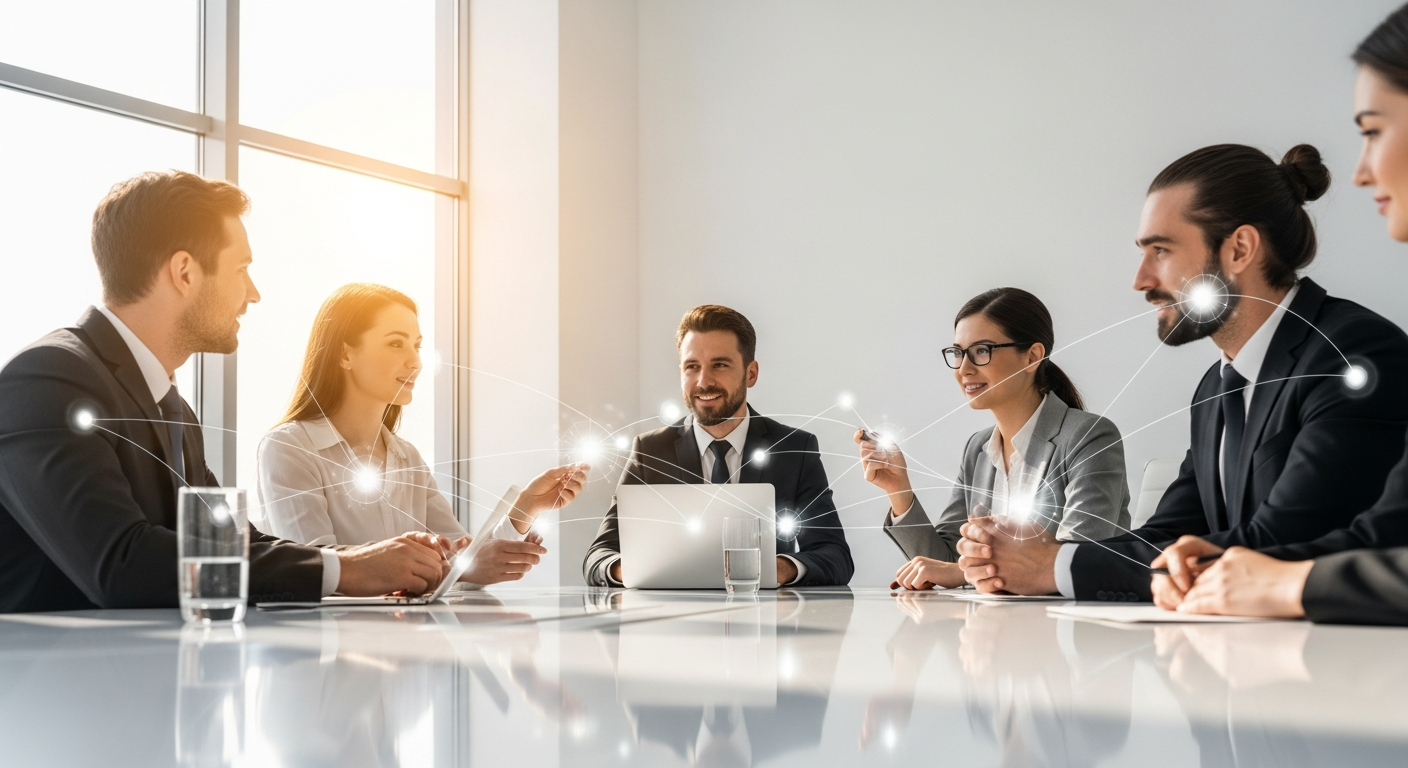 Business team collaborating with AI-enhanced collective thinking